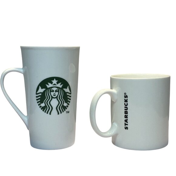 2014 Ceramic White Starbucks 14/16 Oz Green Mermaid Siren Logo Coffee Mug Set 2 - Picture 2 of 7
